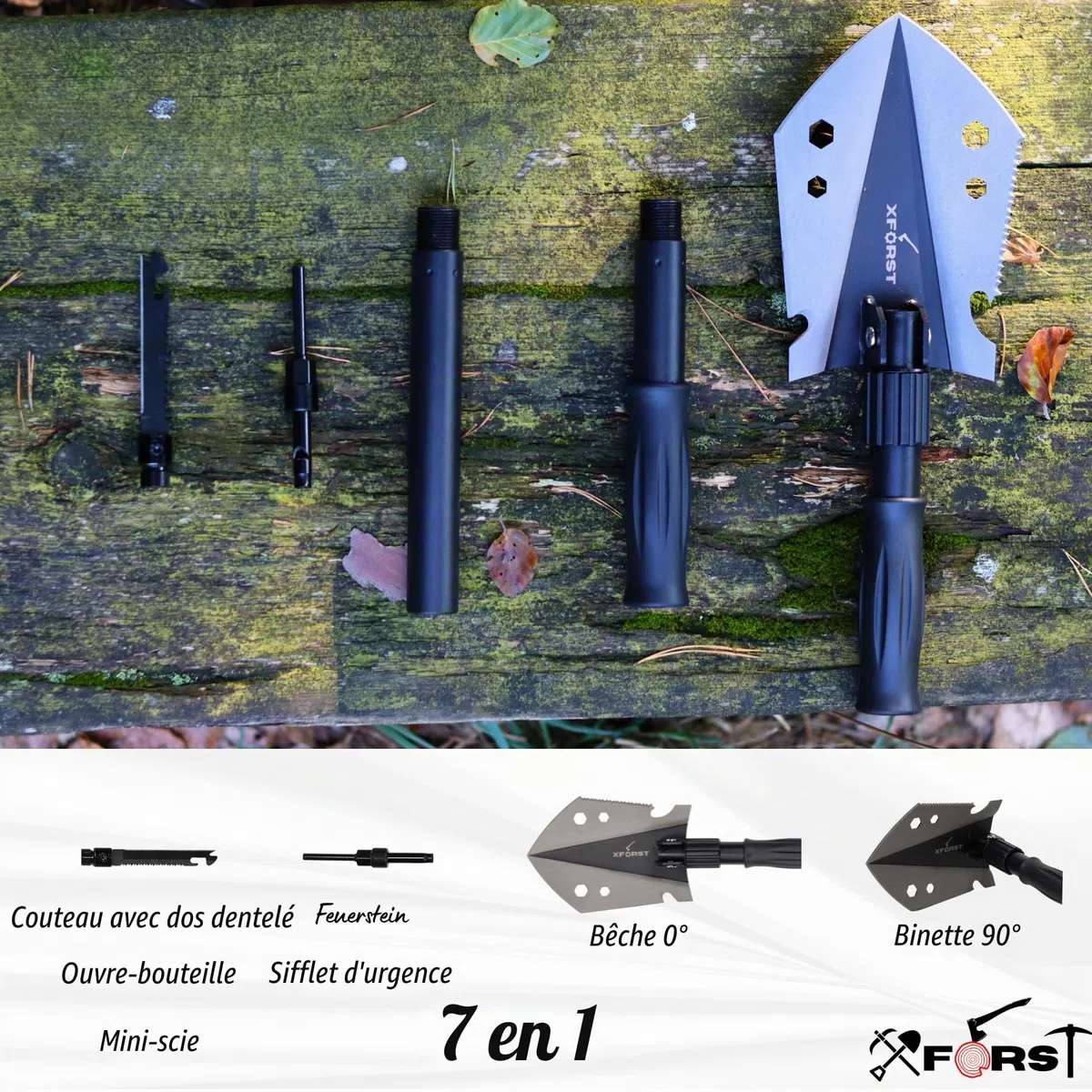 Xforst Pelle Pliante Multifonctionnelle pour Camping et Survie – Pelle en Acier au Carbone avec 3 Longueurs Réglables, Scie de Survie, Pierre à Feu, Sifflet et Housse – Accessoire Offroad