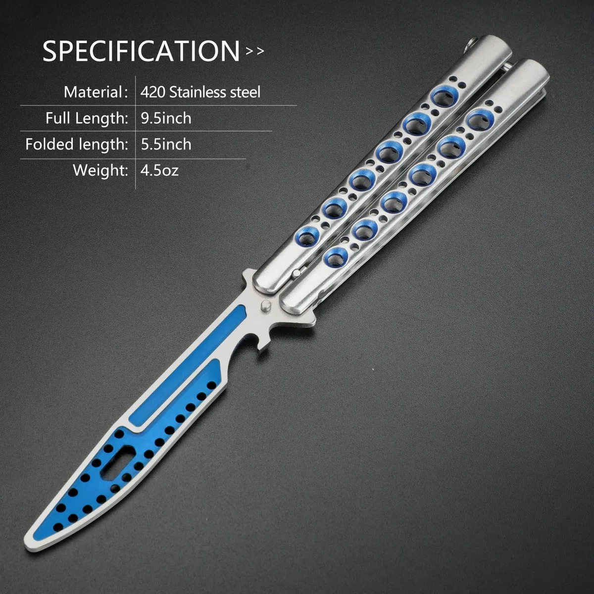 MARCOLO Entraîneur de papillons d'entraînement complet en acier inoxydable terne Balisong Trainer Peigne d'entraînement papillon non affûté pour CS GO Outil multifonctionnel avec clé hexagonale Bleu