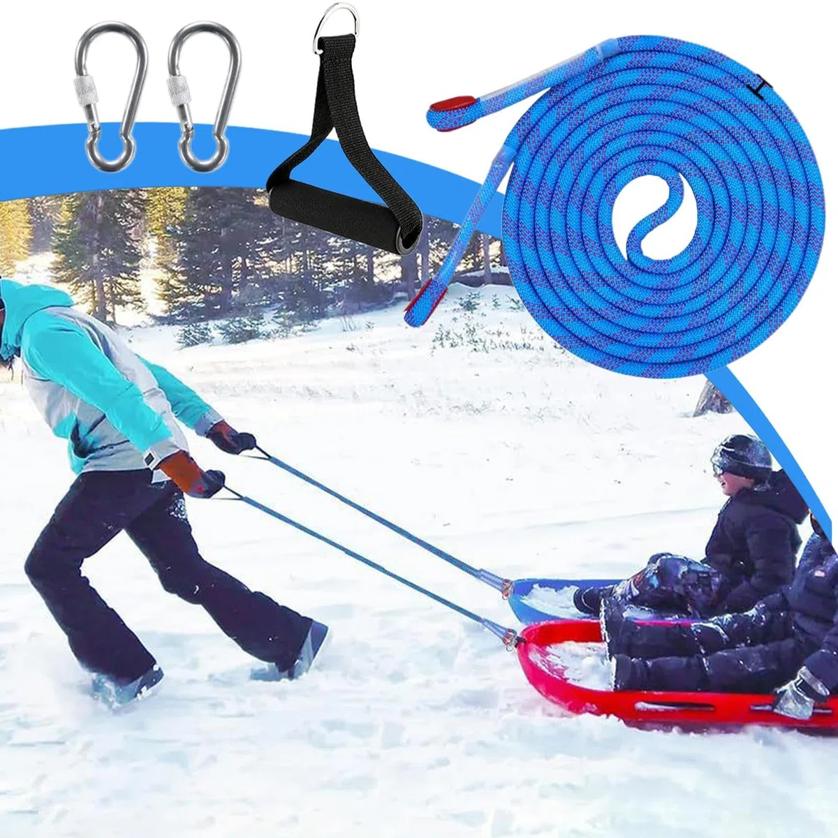 Genérico Corde à tirer pour luge à neige - 4 m - Avec - Jeu de cordes pour traction de luge d'hiver - Sangle épaisse pour luges à neige - Pour