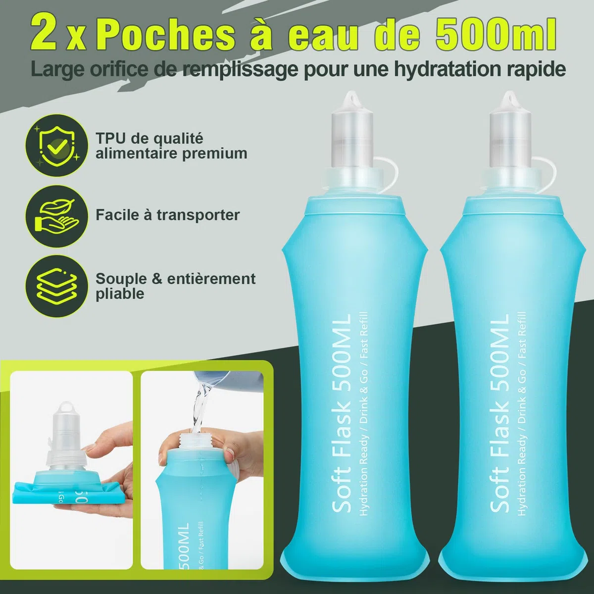 Charmofun Sac Hydratation Running, Gilet Hydratation Running Femme Homme, Gilet Trail Sac à Dos Léger et Respirant avec 2 Bouteille Souple 500ml pour Course à Pied, Randonnée, Cyclisme, Marathon