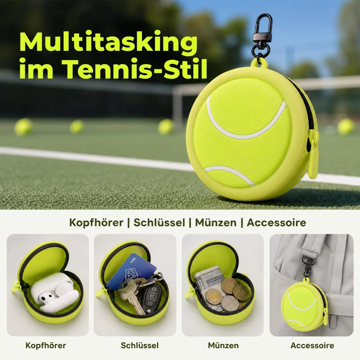 FOMIYES Petit portefeuille en silicone avec fermeture éclair - Porte-monnaie de tennis - Pendentif pour le sport, les voyages et l'école - Étui pour écouteurs résistant à la transpiration et