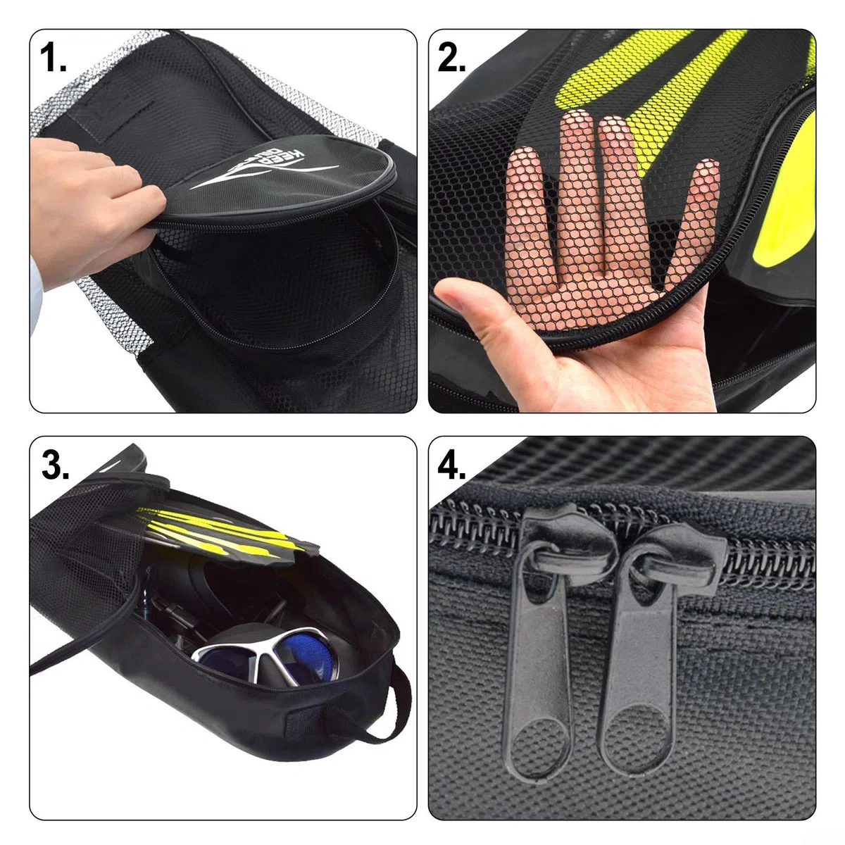 Sac de plongée portable en maille, sac de plongée, palmes, équipement de plongée, avec bandoulière réglable et poche extérieure, pour la natation, la plongée avec tuba, équipement de plongée