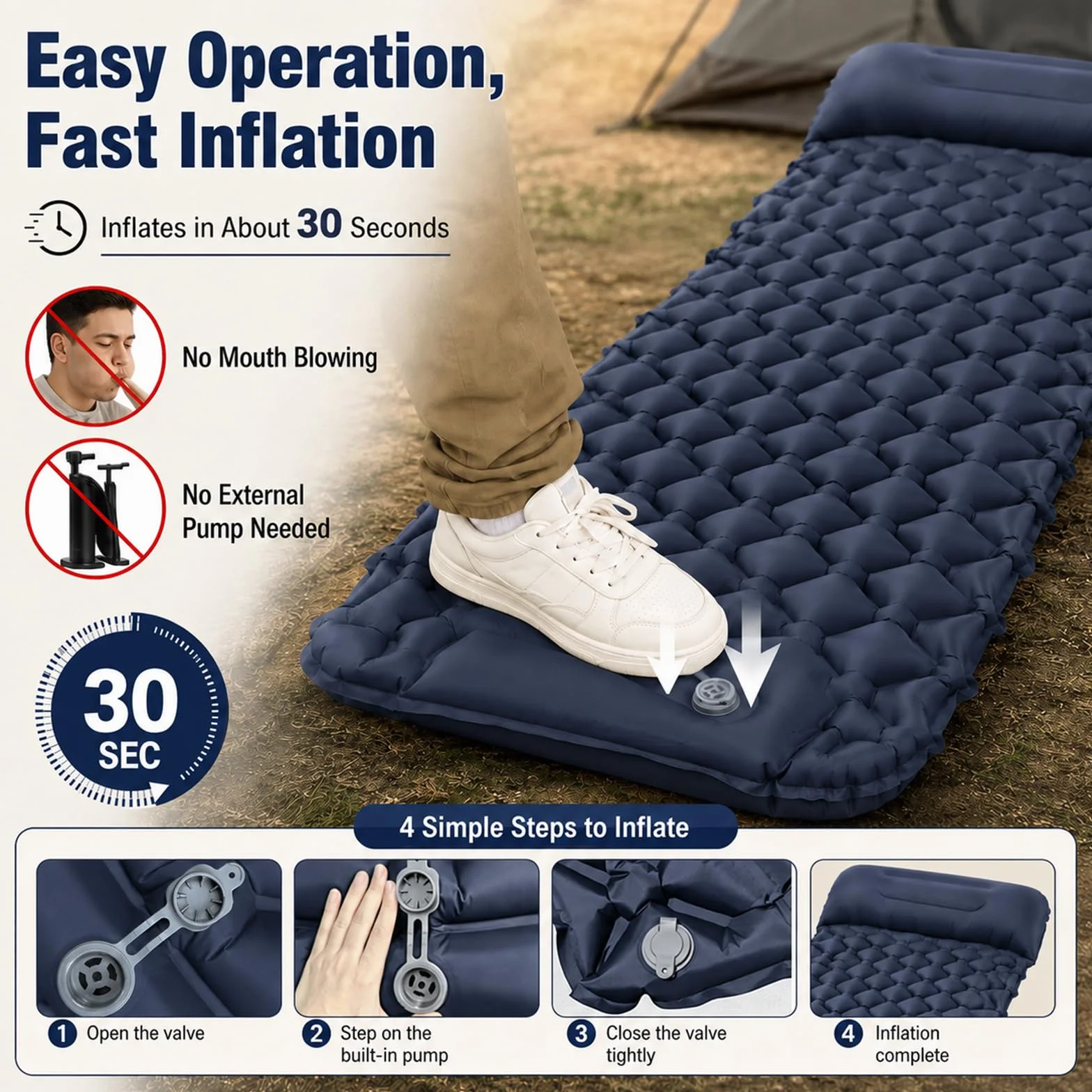 CIYIN Matelas Camping Autogonflant, Matelas Gonflable 1 Place, Matelas de Plage, avec Oreiller et Pompe à Pied intégrée, Ultra Léger, Portable, pour Tente Trekking Randonnée (Bleu Marine)