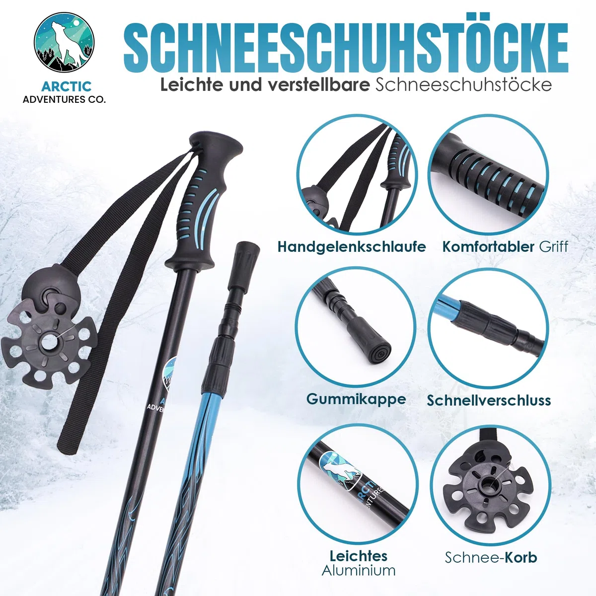 Raquettes de neige 3 en 1 pour homme et femme en aluminium avec tailles réglables et bâtons de trekking.