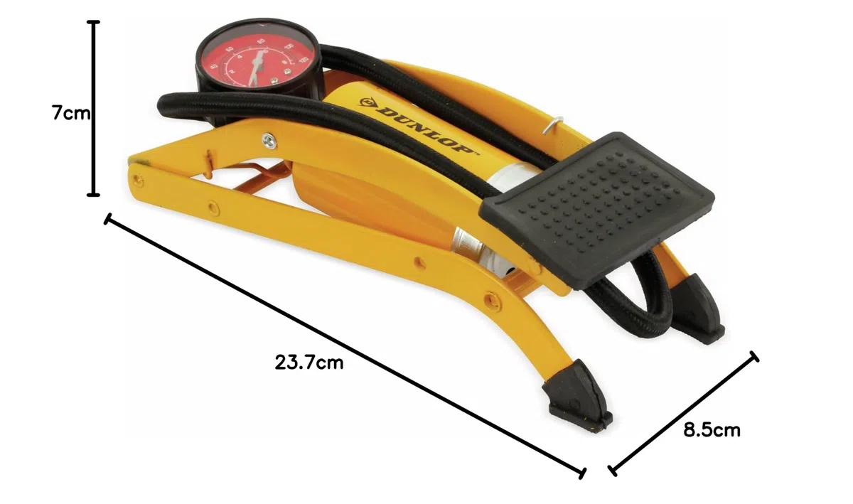 Dunlop Pompe à Pied Bar/PSI - Pompe à Air avec Manomètre - Pompe Velo Max. 7Bar/100PSI - INCL. Boîte de Rangement en Plastique Dur - Différentes Valves - Métal - Jaune/Noir