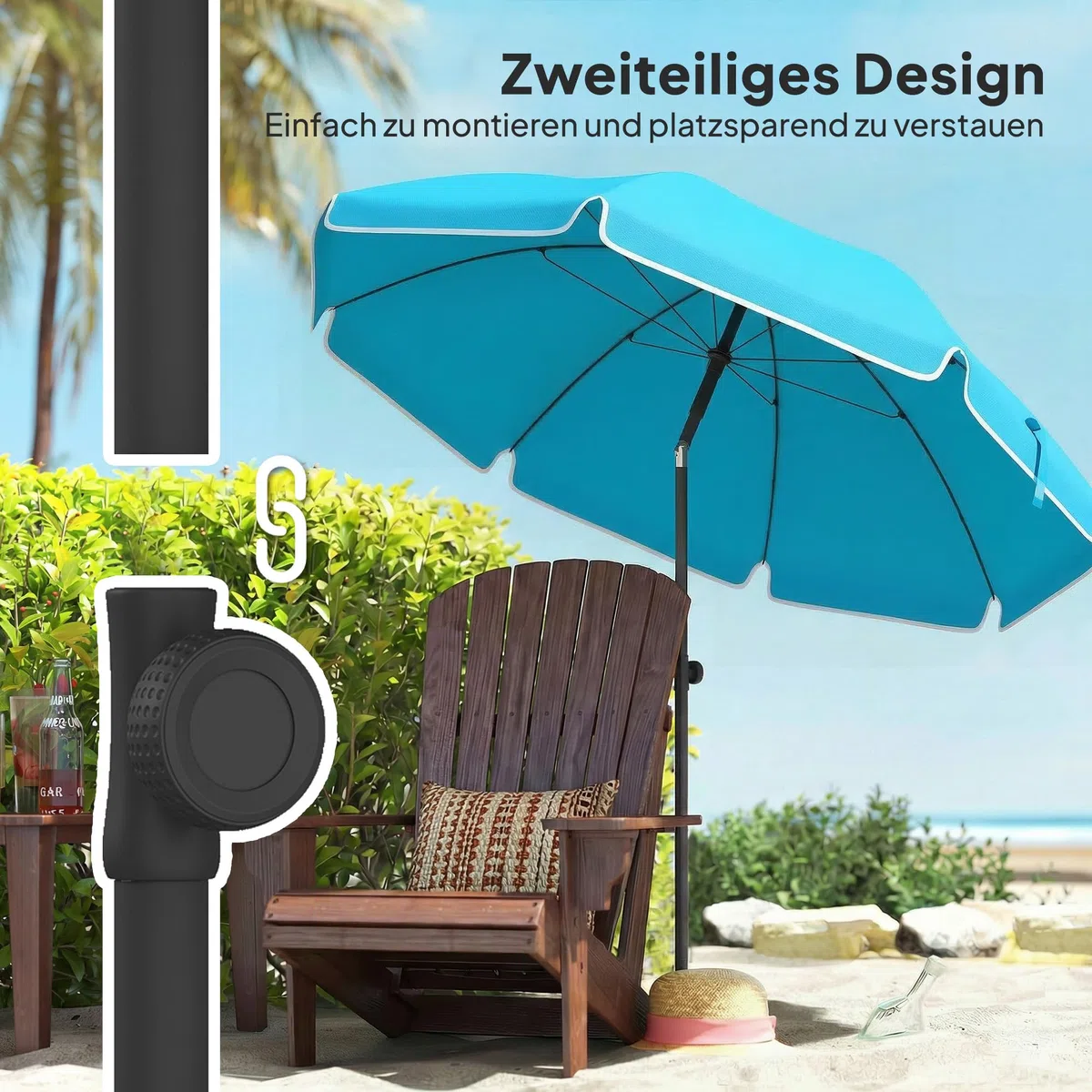 Outsunny Sonnenschirm Strand Ø150 cm Strandschirm mit Sonnenschutz wasserabweisend Balkon-Schirm mit Sandanker verstellbarer Neigung Tragetasche faltbar Gartenschirm für Reisen Strand Camping