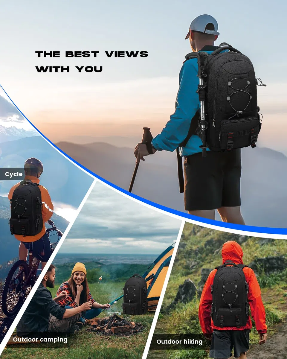 Sac à Dos Voyage, 45L Randonnée Imperméable Grande Capacité Sac à Dos Ordinateur Portable 17.3 Pouces Trekking Homme Femme pour Le Sports en Plein Air Camping -Noir