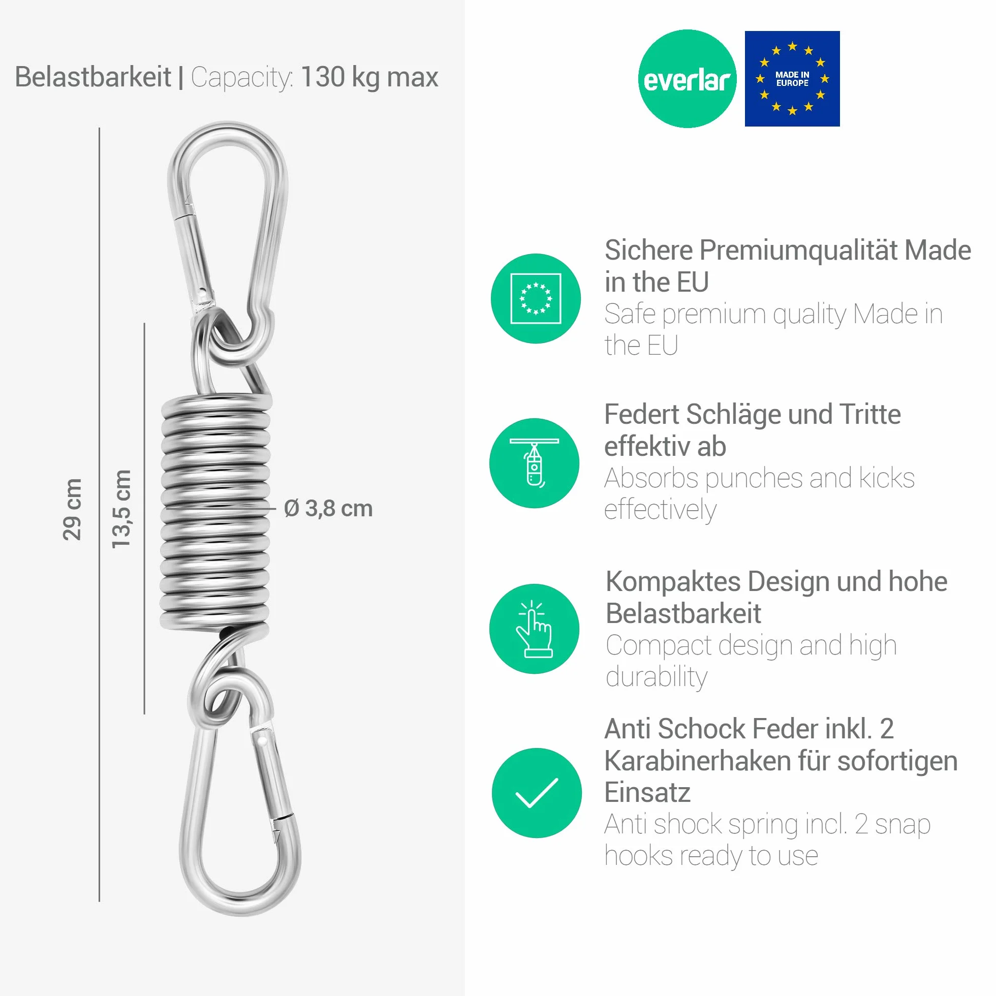 Anti Shock Ressort de sac de frappe avec 2 mousquetons I Qualité Made in EU I Sac de frappe parfait Accessoires pour la suspension du sac de frappe et du sac de sable I 130 kg