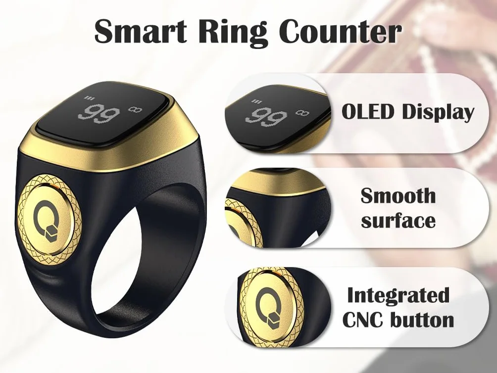 Anneau Numérique Musulman, Muslim Tasbeeh Compteur Intelligent, Compteur de Bagues Islamiques, Compteur Anneau Intelligent, Tasbih Compteur Smart Ring, Écran D'affichage OLED (Noir,18mm)