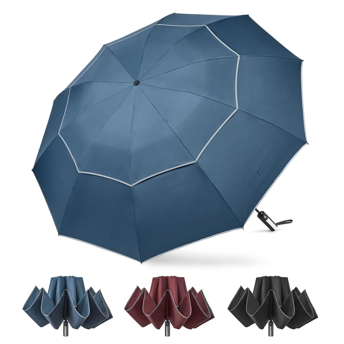 G4Free Parapluie pliable de 157,5 cm avec bande réfléchissante à 10 baleines, grand parapluie de golf de voyage, parapluie inversé, coupe-vent, double auvent à ouverture automatique