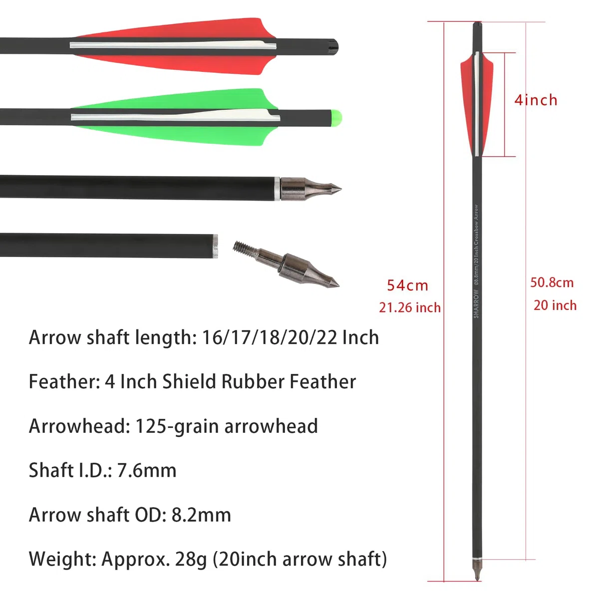 Flèche d'arbalète 16" 17" 18" 20" 22" Flèches d'arbalète en Carbone avec Plume de 4" pour la Chasse, Les cibles et l'entraînement 6/12Pcs