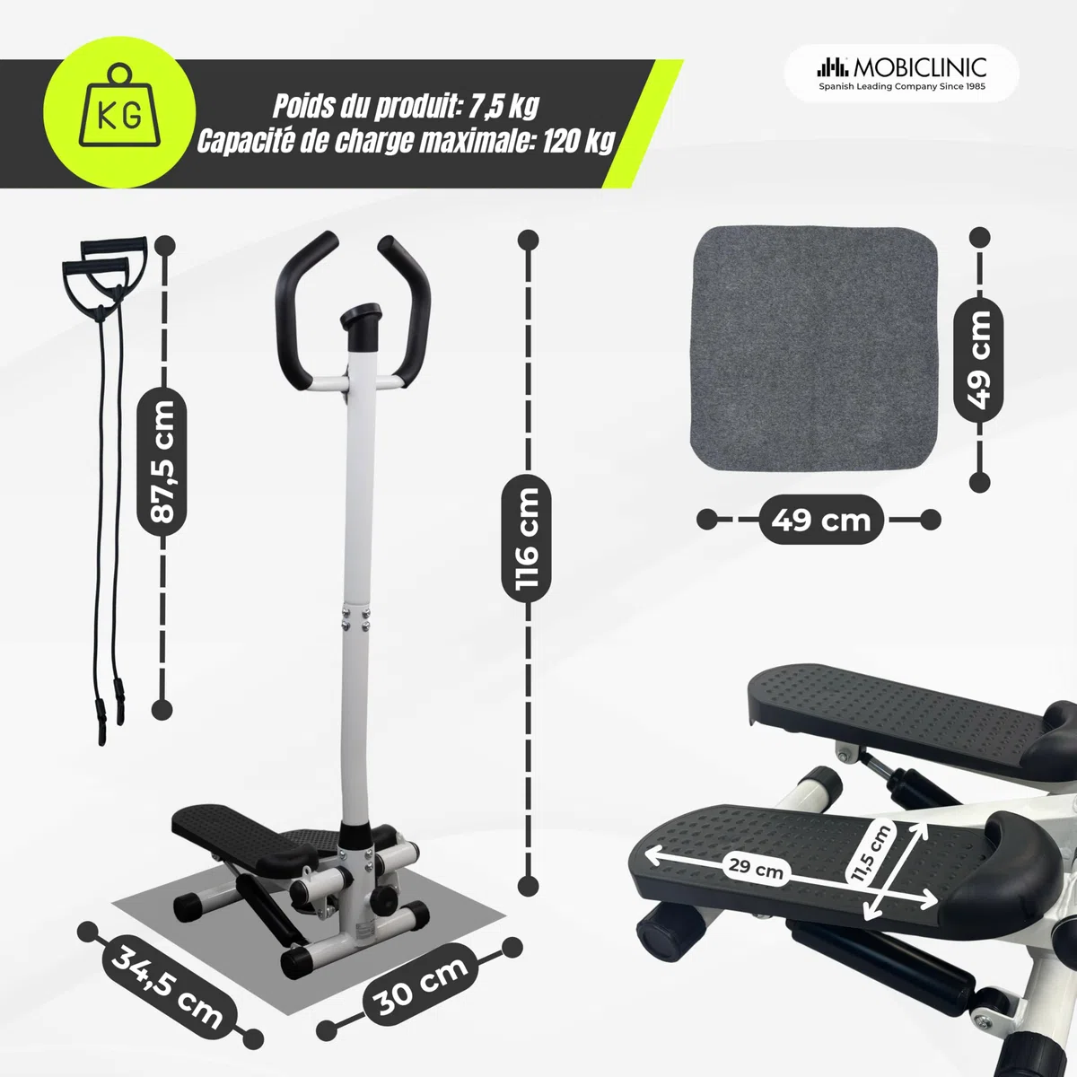 Mobiclinic®, Stepper avec Guidon, Hauteur Réglable, Écran LCD, Intensité Réglable, Pédales Antidérapantes, Appareil Pas à Pas, Compact, Exercice à Domicile, Step-Pro