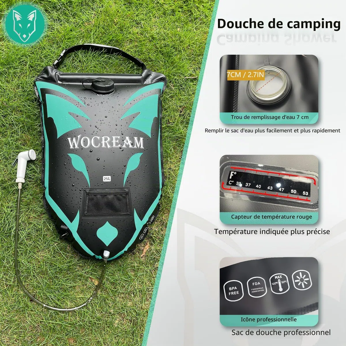 Douche camping en plein air, sac de douche de camping 6,6 gallons/25 L, sac de douche en TPU, grand débit d'eau, douchette à main, douche solaire, douche portable pour camping, plage, sac à dos, bleu