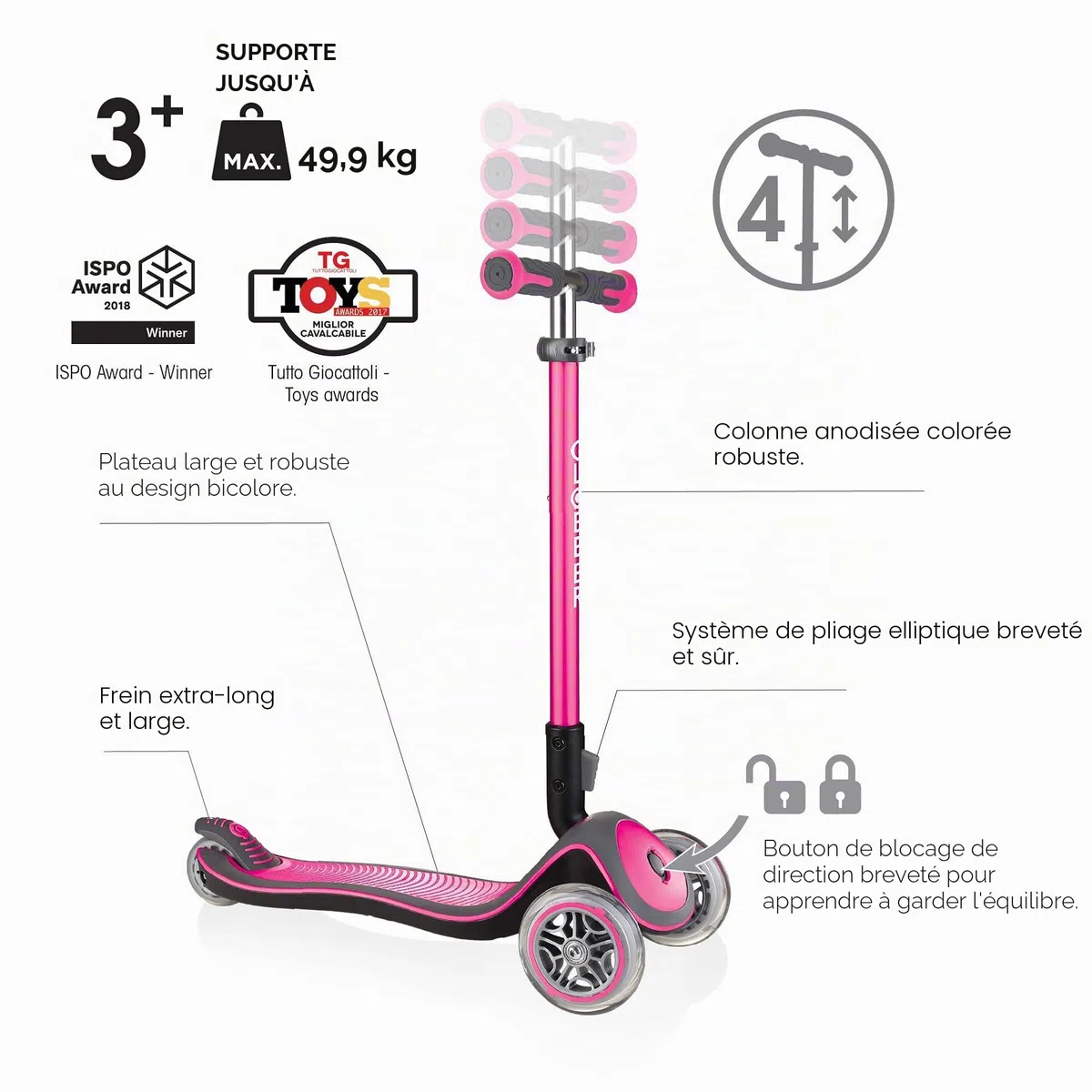 Globber - ELITE DELUXE LIGHTS - Trottinette pliable, lumineuse à 3 roues pour les enfants âgés de 3 à 6 ans +