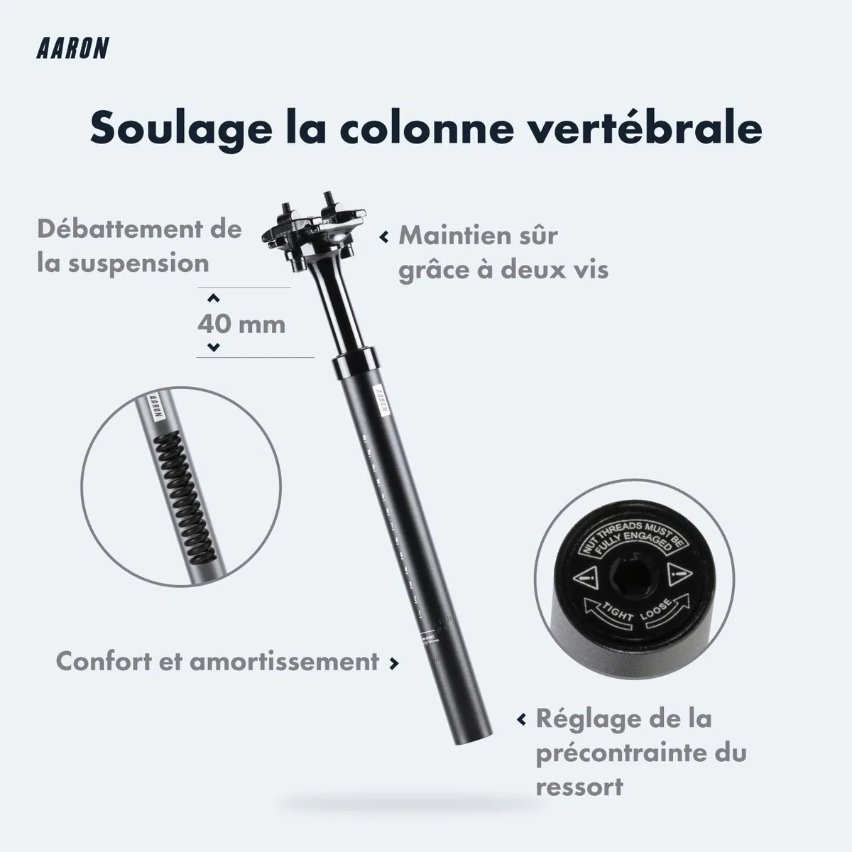 AARON Shock Tige de selle à ressort de 27,2, 30,9 ou 31,6 mm de diamètre – Tige de selle à ressort en aluminium de 350 mm de long – Tige de selle de vélo à suspension pour vélo électrique, VTT
