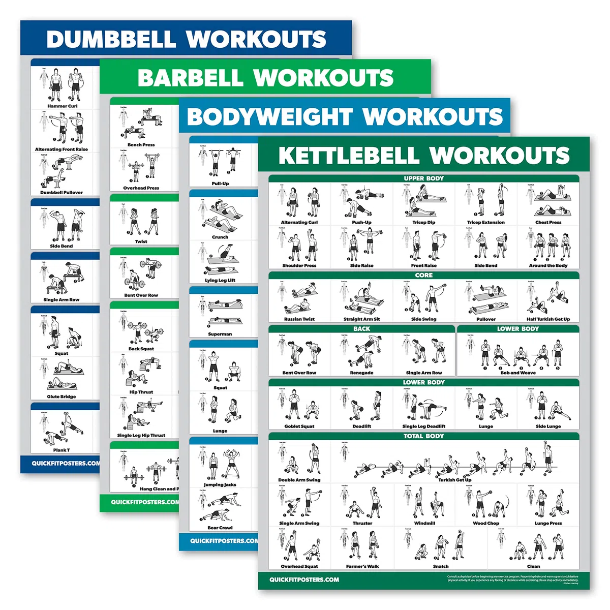 Palace Learning Lot de 4 tableaux d'entraînement avec haltères + haltères + kettlebell - 45,7 x 61 cm - Laminé