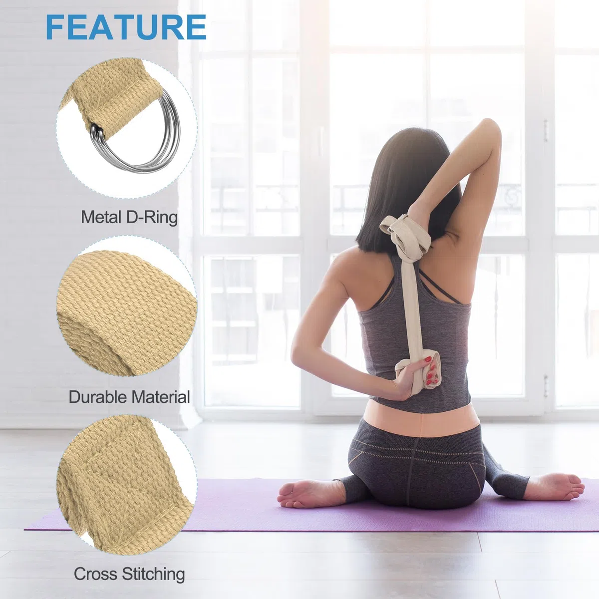 PATIKIL Sangle De Yoga Pour Étirement 6 Pieds, 10Pcs Ceinture De Yoga En Coton Avec Boucle En Métal D-Ring Ajustable Bandes D'Étirement Pour Fitness Pilates, Kaki