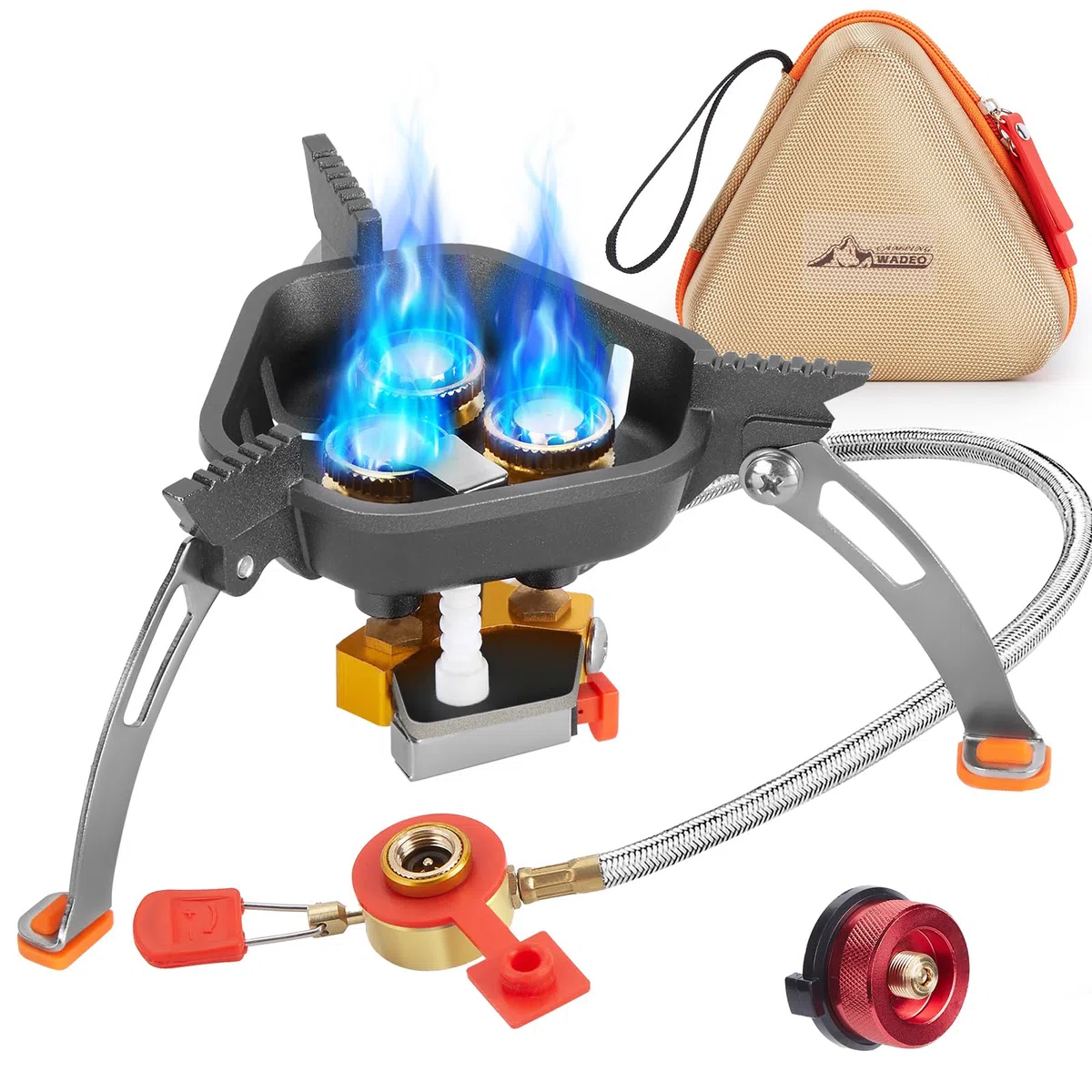 WADEO Réchaud de Camping, 7200w Résistant Au Vent Réchaud à Gaz de Camping Avec Allumage Piézo et Adaptateur de Butane, Réchaud Portable et Pliable Pour L'extérieur, Randonnée et Pique-nique, HG0328B