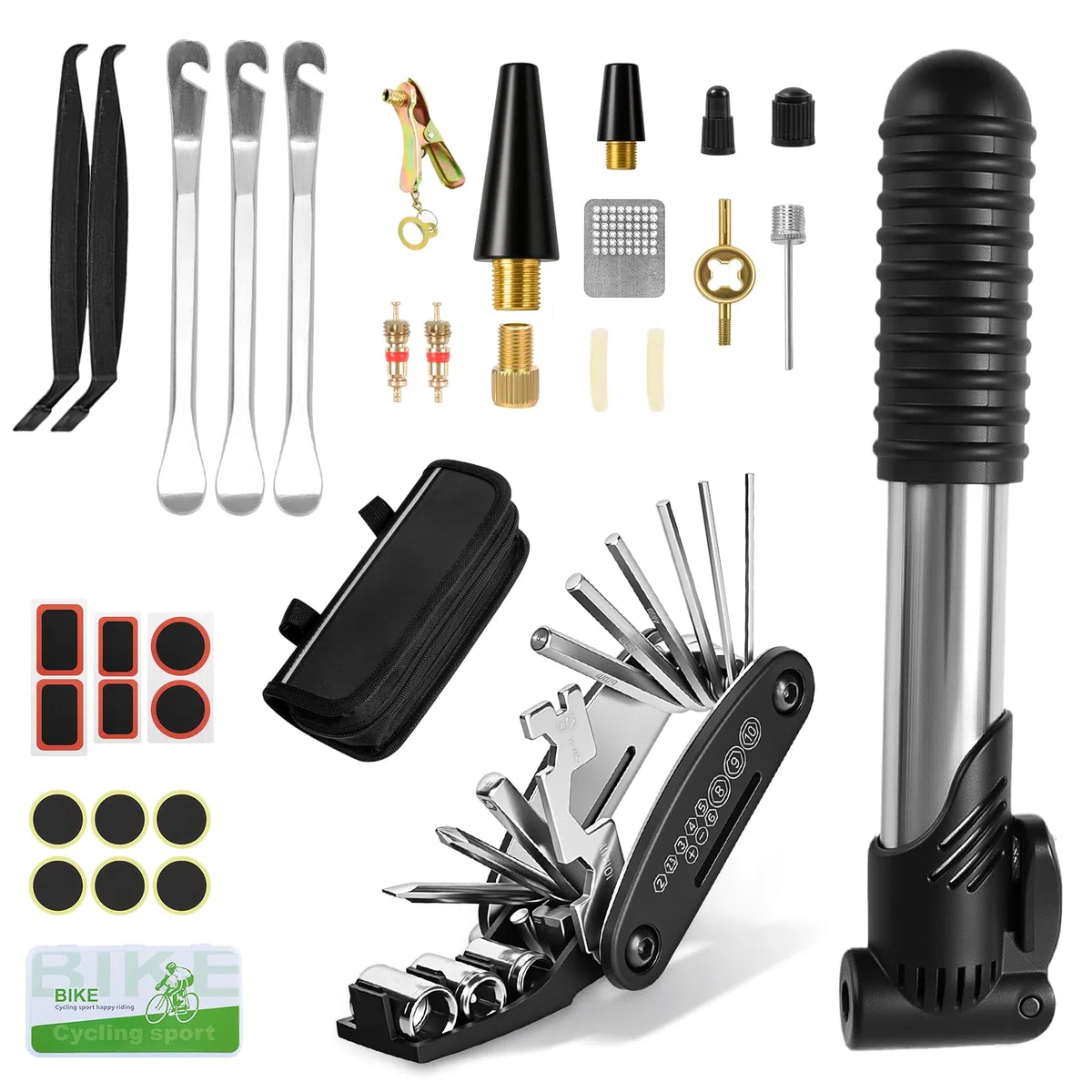 Kit de réparation vélo 34 pièces, Kit Crevaison Velo, ensemble d'outils multifonctions 16 en 1 avec housse étanche, mini-pompe comprenant tous les accessoires nécessaires pour le vélo.