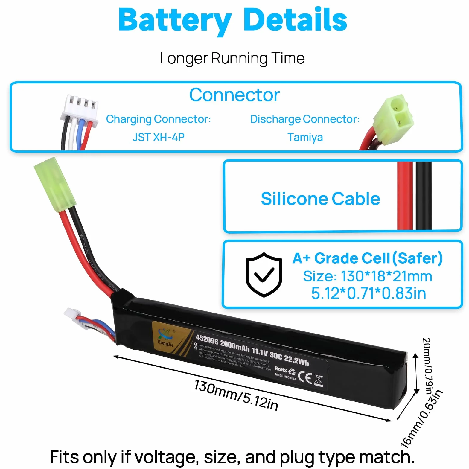 11,1 V 2000 mAh 30 C 3S Batterie LiPo Rechargeable avec Tamiya Connecteur pour Fusils Airsoft M4, M110, AK47, L85, MP5, Scar, M249, AUG, AEG, MP5K, M60, RPK, PKM
