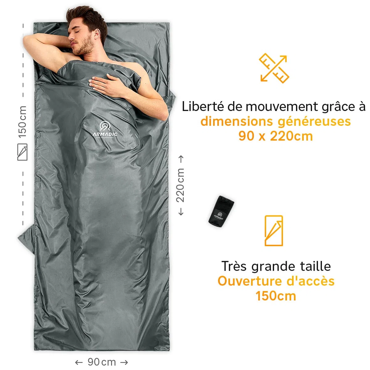 Sac de couchage Nomadic - Très léger, fin et compact Sac de couchage - Ultra léger, mince, petit - Idéal pour les auberges et les chalets de montagne
