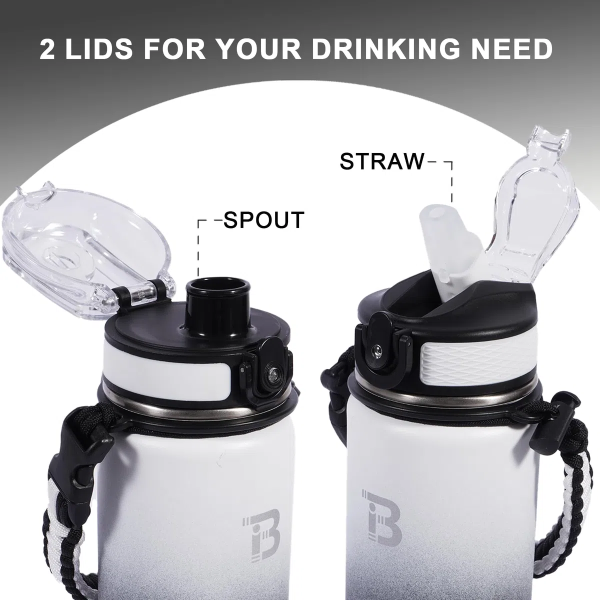 TOPBADE Gourde en acier inoxydable de 1 l, avec couvercle à paille et couvercle Chug, 1000 ml, double paroi, anti-fuite, avec poignée en paracorde amovible, pour l'école, le fitness, l'extérieur, le