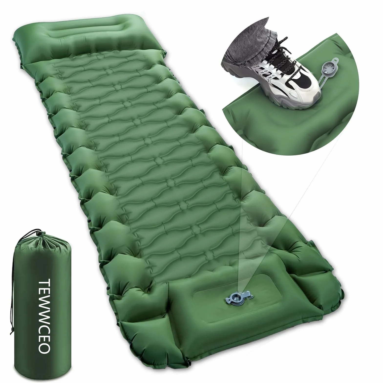 Tapis de Camping Gonflable Ultraléger avec Oreiller, Pompe à Pied intégrée, Portable, Matelas Pneumatique Simple, Matelas Autogonflant Tapis de Camping pour Randonnée, Vert