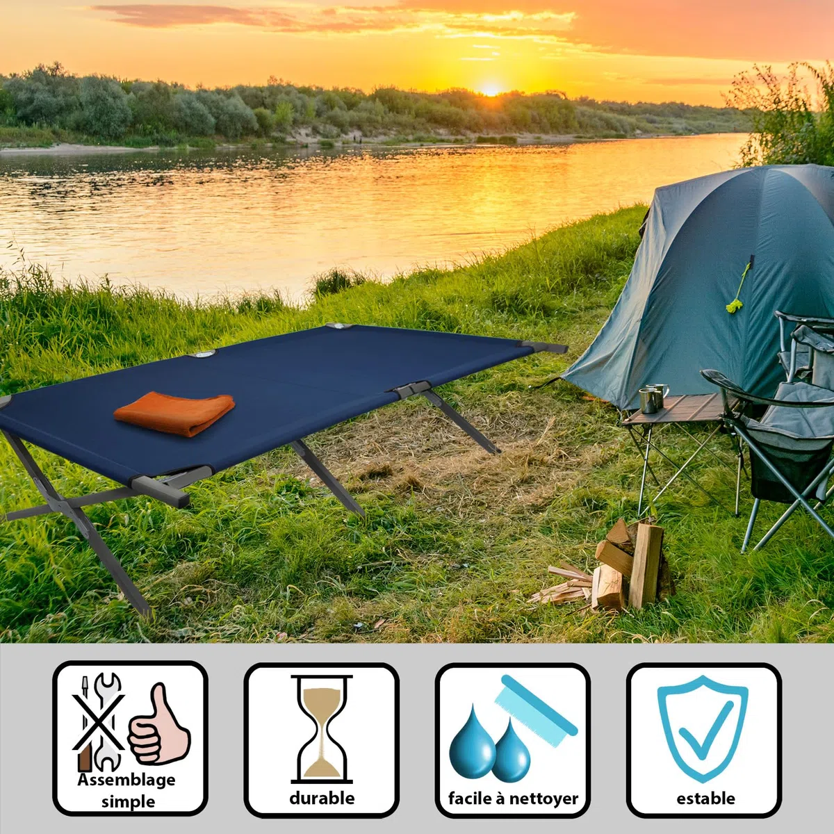 BB Sport Lit de Camp Pliable 190 x 64 x 41 cm Stable 180 kg Résistant Militaire Portable Confortable Camping Voyage Acier Tubulaire 600D Tissu Oxford Sac de Transport, Couleur:Bleu