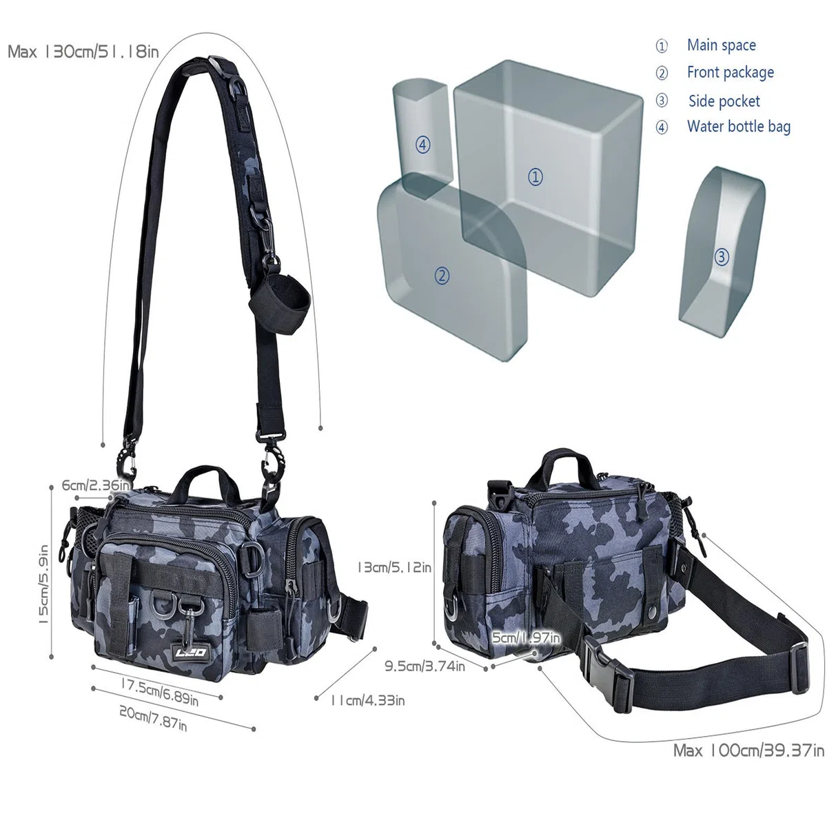 YUEMING Stockage de matériel de pêche, Sac de pêche à la carpe à épaule unique Grande capacité pour boîte à matériel et Rangement de Pinces pour leurres de pêche pour pêche en mer(Camouflage-1)