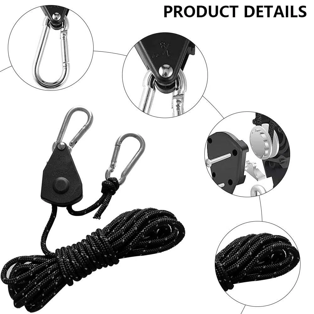 6PCS Corde avec Mousqueton 5m, 4mm Tendeur Voile Ombrage Poulie, Tendeur à Cliquet pour Corde, Cordes de Tente avec Poulie, Tendeur Corde Tente pour Bâche de Tente de Camping (Noir)