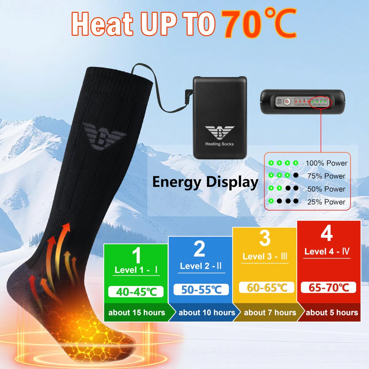 Chaussettes Chauffantes Homme Femme - 7.4V 3000mAh Chaussette Chauffante, Contrôle des APP Chaussette Chaude pour Activités de Plein Air en Hiver