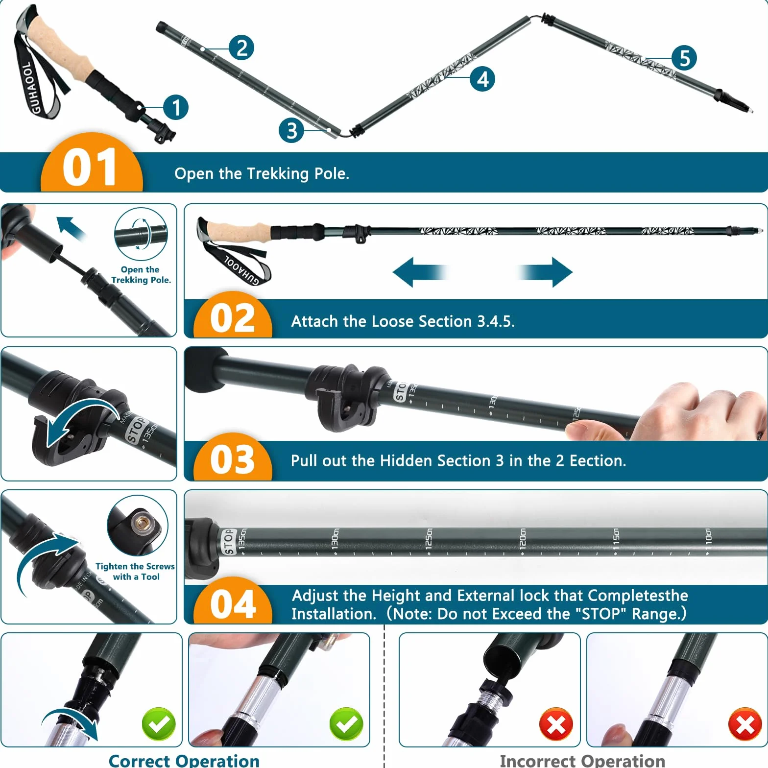 Bâtons de Randonnée, 2 PCS Bâton de Marche Télescopique Retractable,Pliable Antidérapant Ultraléger Bâtons de Marche avec 5 Paires de Tampons en Caoutchouc pour Le Conditionnement du Trekking