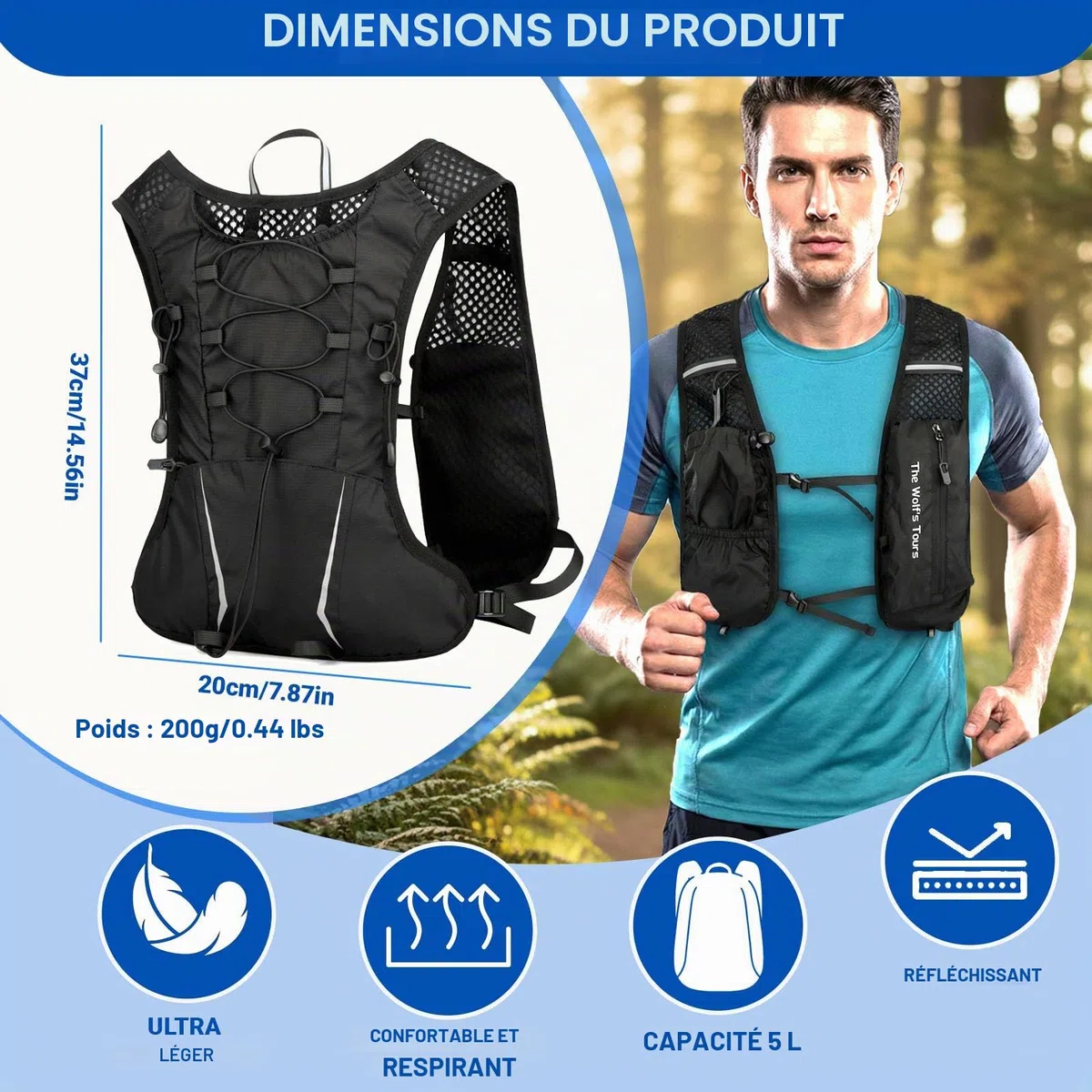 Gilet de Course pour Homme et Femme, Sac à Dos d'hydratation Réglable 5 L, Léger, Respirant et Réfléchissant pour Randonnée, Sentier, Jogging, Cyclisme et Marathon