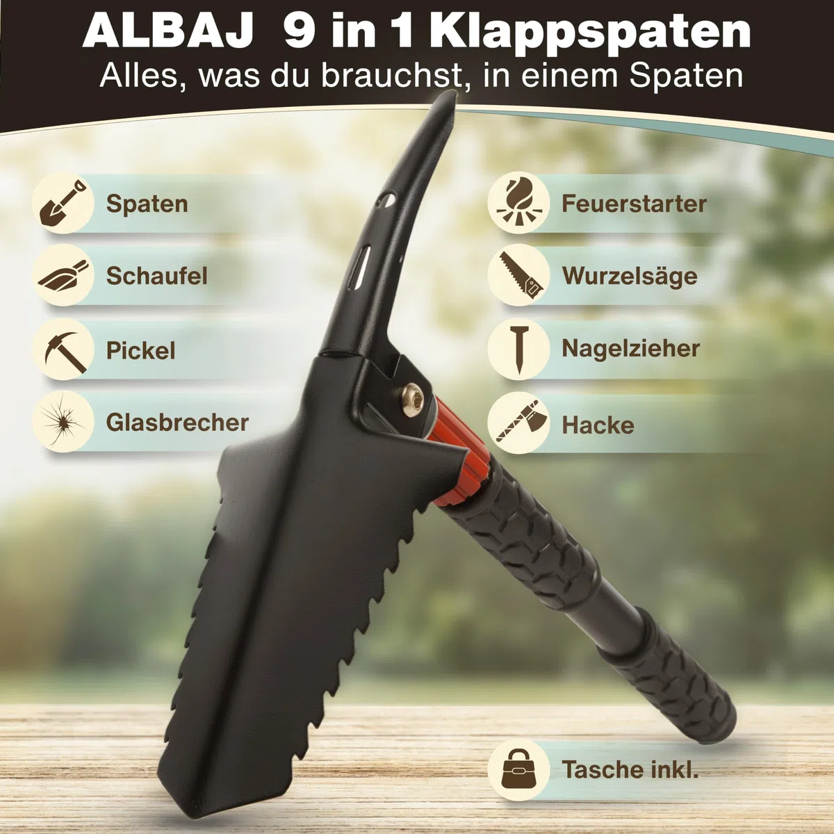 Pelle pliante 9 en 1 – Pelle de survie pliable avec scie à racines, acier à feu et sac – Outil compact d'extérieur – Cadeau pour homme, idéal pour le camping, le bushcraft et les urgences