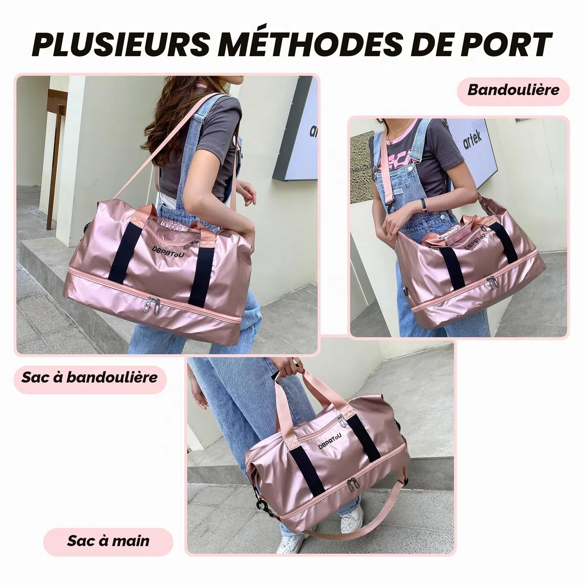 Sac de Sport Femme, Sac de Voyage Femme avec Compartiment à Chaussures et Compartiment Humide, Sac de Voyage avec Sangles pour Tapis de Yoga (Rose)