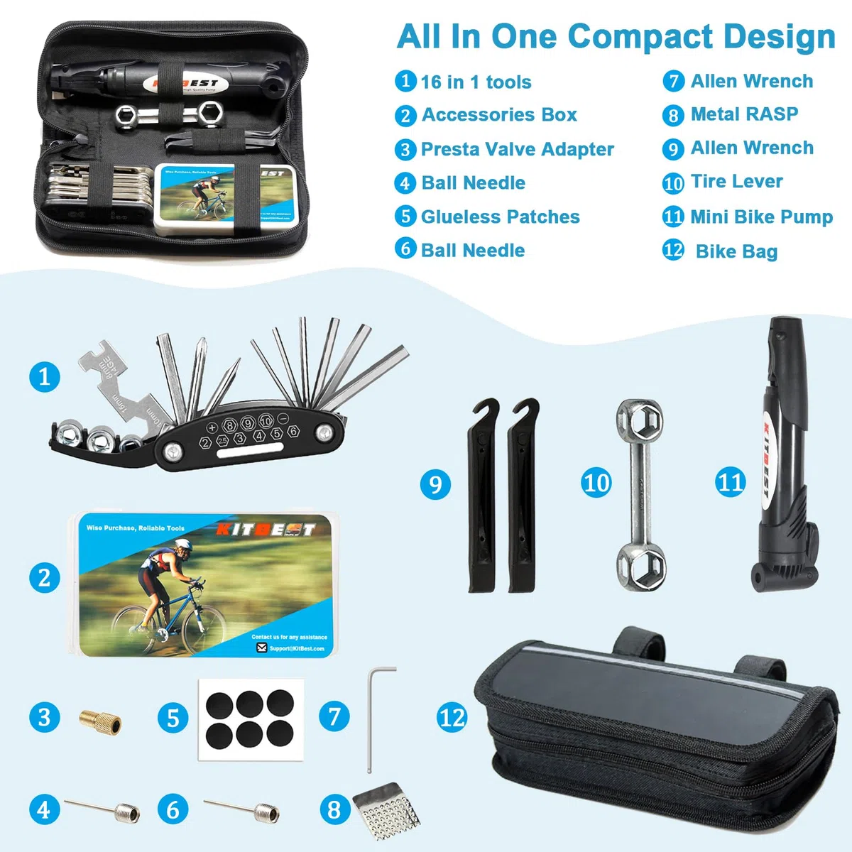 Kitbest Kit d'Outils de Réparation de Vélo - 16 en 1 Outil Multifonction, Accessoires pour Vélo de Route et de Montagne, Kit de Réparation de Pneu pour Homme et Femme