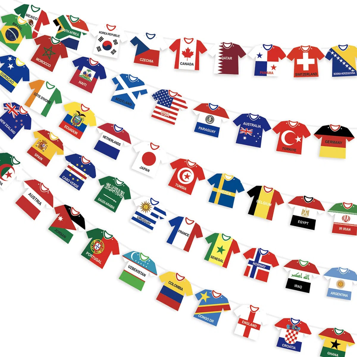 AhfuLife Guirlande Maillot Coupe du Monde 2026, 2 Pièces Guirlande Maillot Décorative 48 Nations, Réutilisable en Banderole Papier, Décoration Soirée Visionnage Football Intérieur et Extérieur