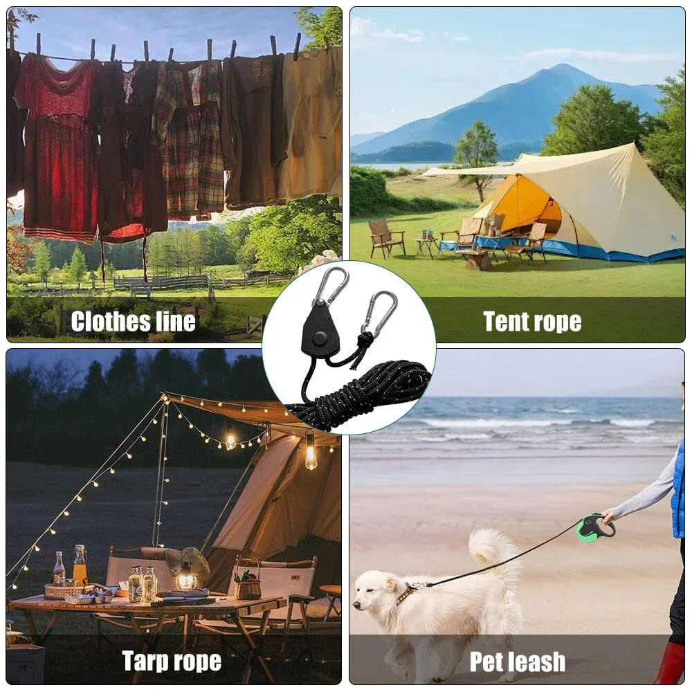 6PCS Corde avec Mousqueton 5m, 4mm Tendeur Voile Ombrage Poulie, Tendeur à Cliquet pour Corde, Cordes de Tente avec Poulie, Tendeur Corde Tente pour Bâche de Tente de Camping (Noir)