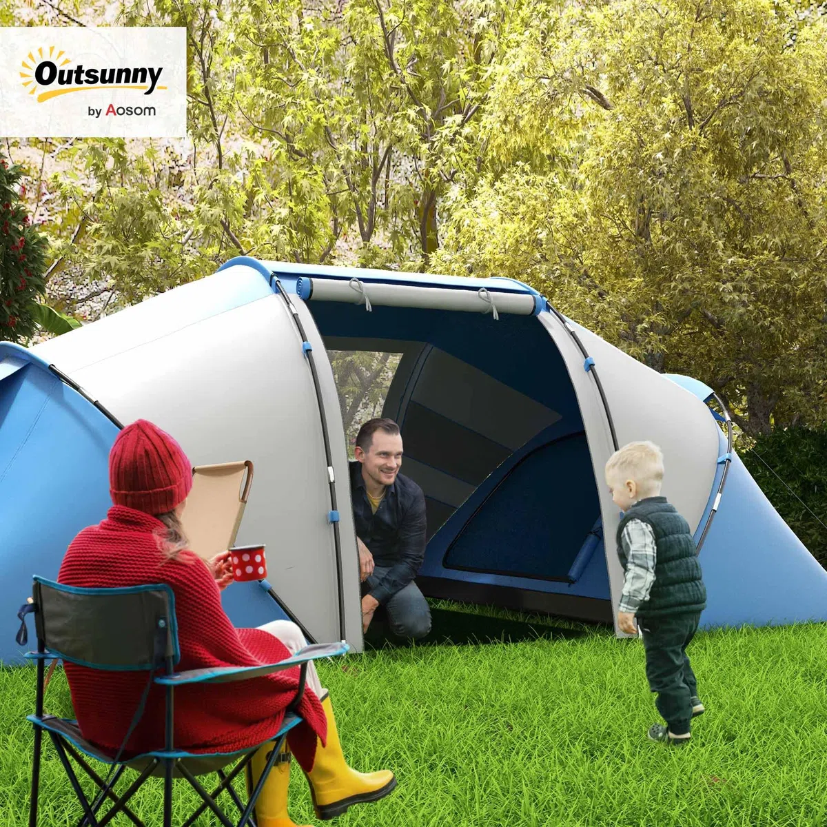 Outsunny Tente de Camping familiale 4 Personnes Tente dôme étanche légère, ventilée 2 cabines fenêtre Grande Porte Facile à Monter 4,3L x 2,4l x 1,7H m
