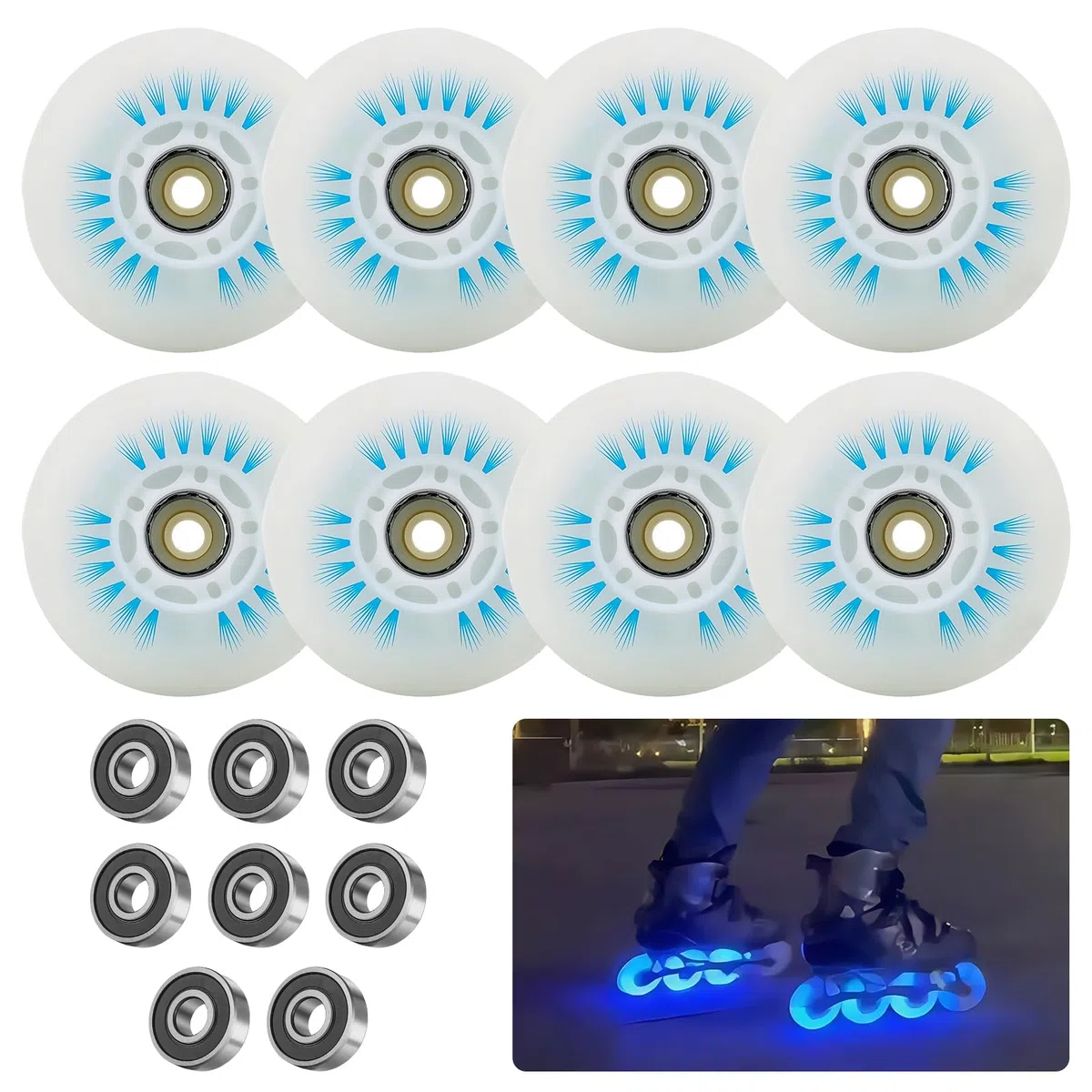PORFOYO Lot De 8 Roues De Rollers En Ligne 72/76/80 MM, Avec Roulement À Billes, Roue De Roller, Roues Universelles En Polyuréthane Pour Tous Les Types De Patins À Roulettes (76MM)