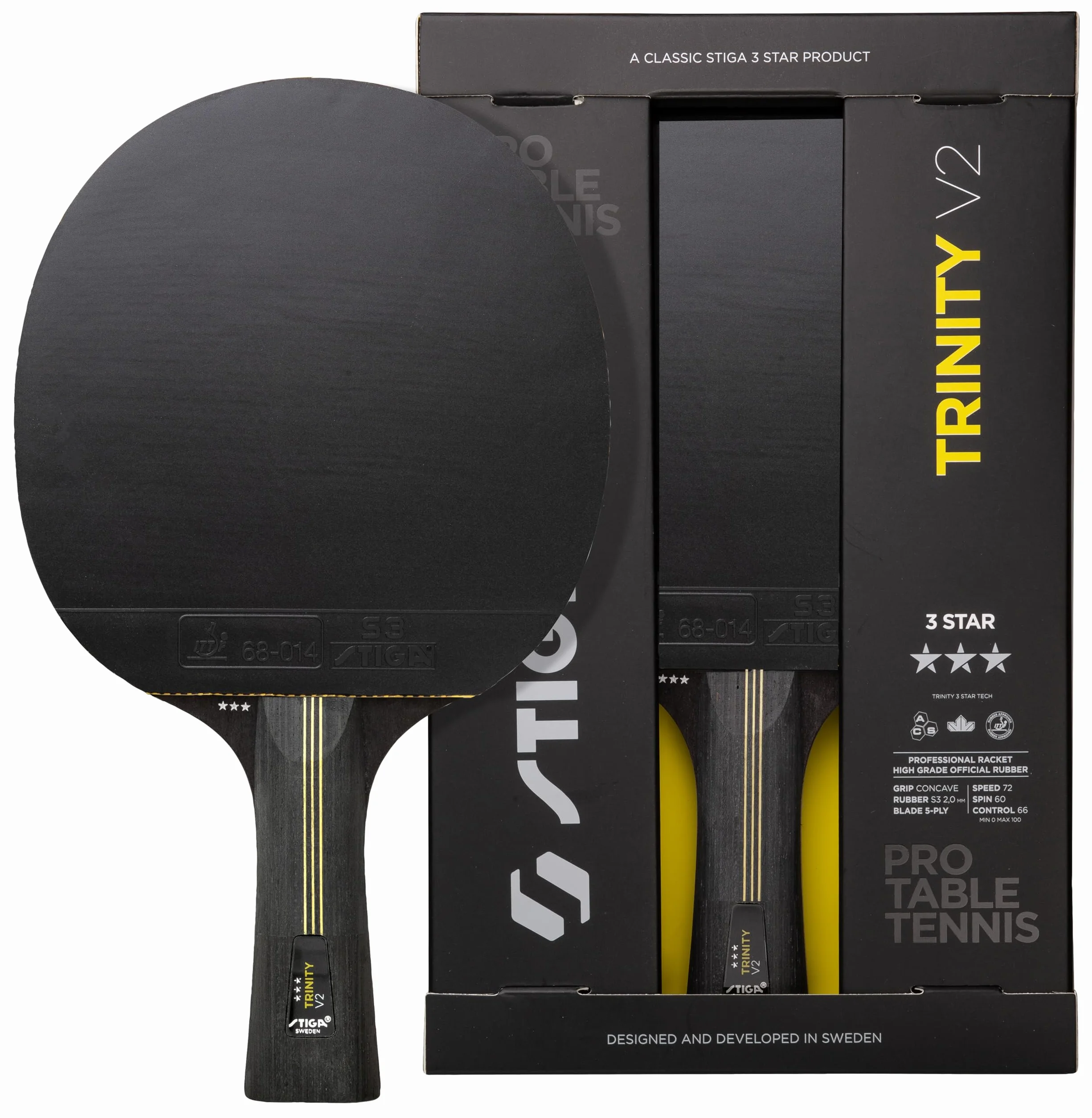 STIGA Trinity V2 Raquette de Ping-Pong, Raquette de Tennis de Table 3 étoiles, Revêtements approuvés par l'ITTF, Prise Ergonomique - pour Les Joueurs offensifs