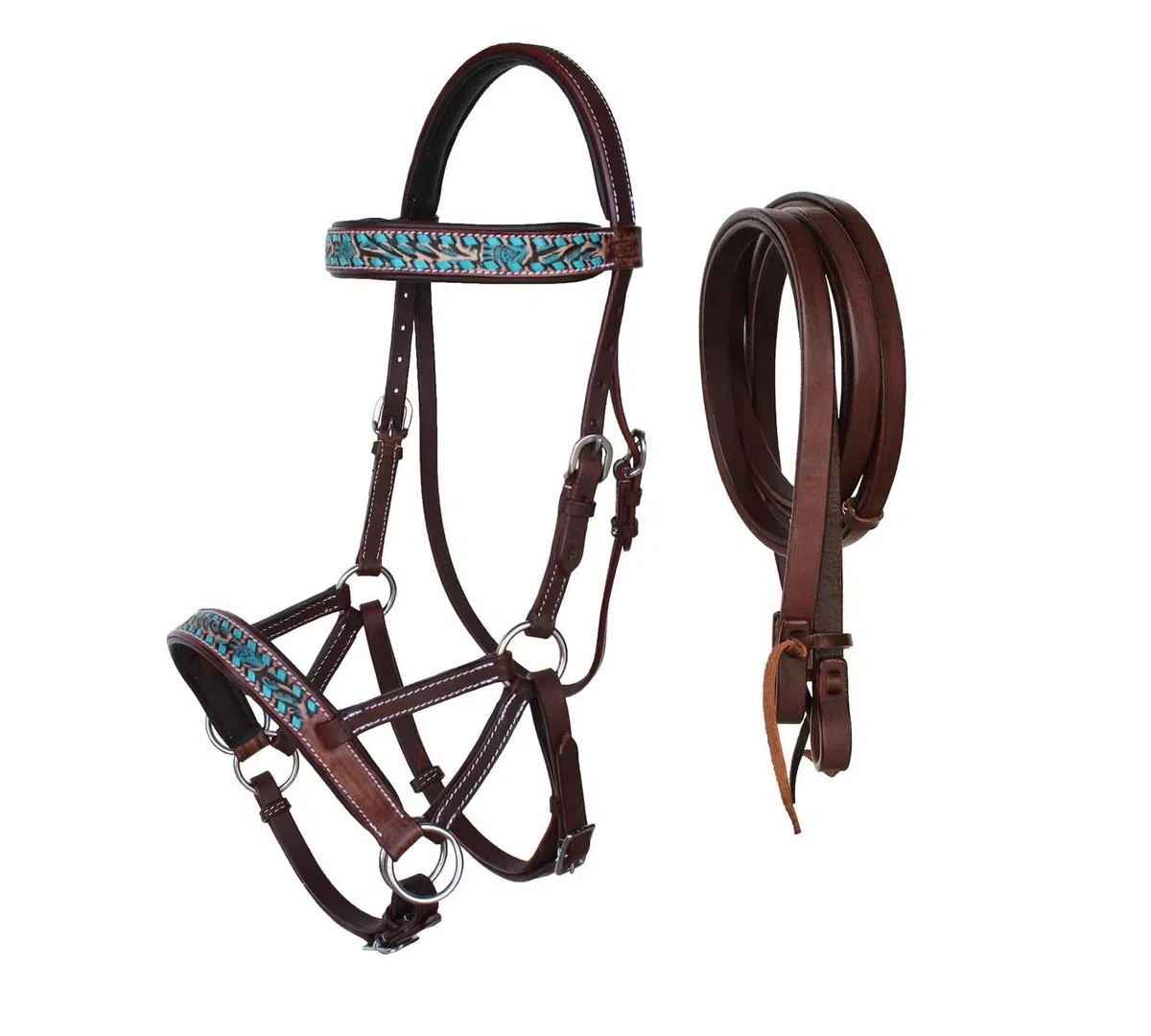 Bride de cheval Western en cuir sans mors + rênes fendues + collier de poitrine Western Marron ST-017A