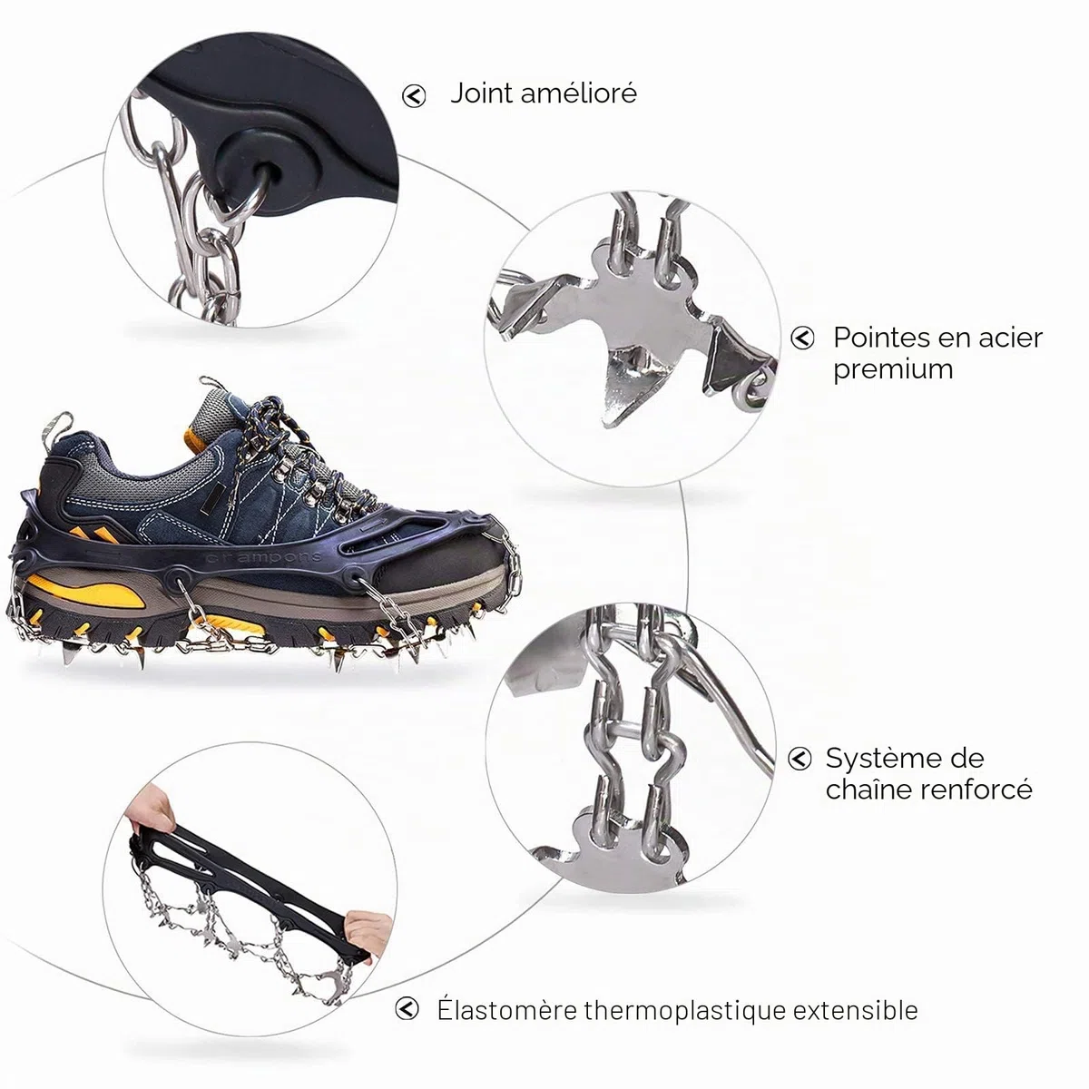 Crampons Neige Antidérapants pour Glace, Grips de Traction avec 19 Pointes en Acier Inoxydable pour Chaussures et Bottes, Hommes et Femmes, Sécurisés pour Randonnée, Pêche, Marche et Alpinisme