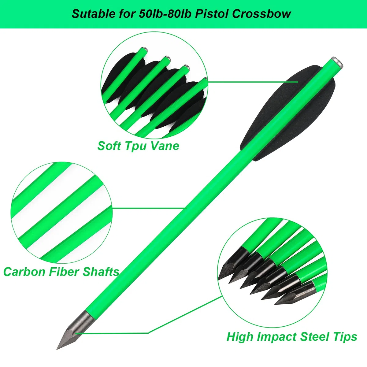 12 pièces 6,3 "flèches d'arbalète pour Pistolet en Carbone, en flèches de chasse pour Cible de précision d'arbalète de Pistolet de 50 à 80 LB, Exercices de tir et Petite chasse