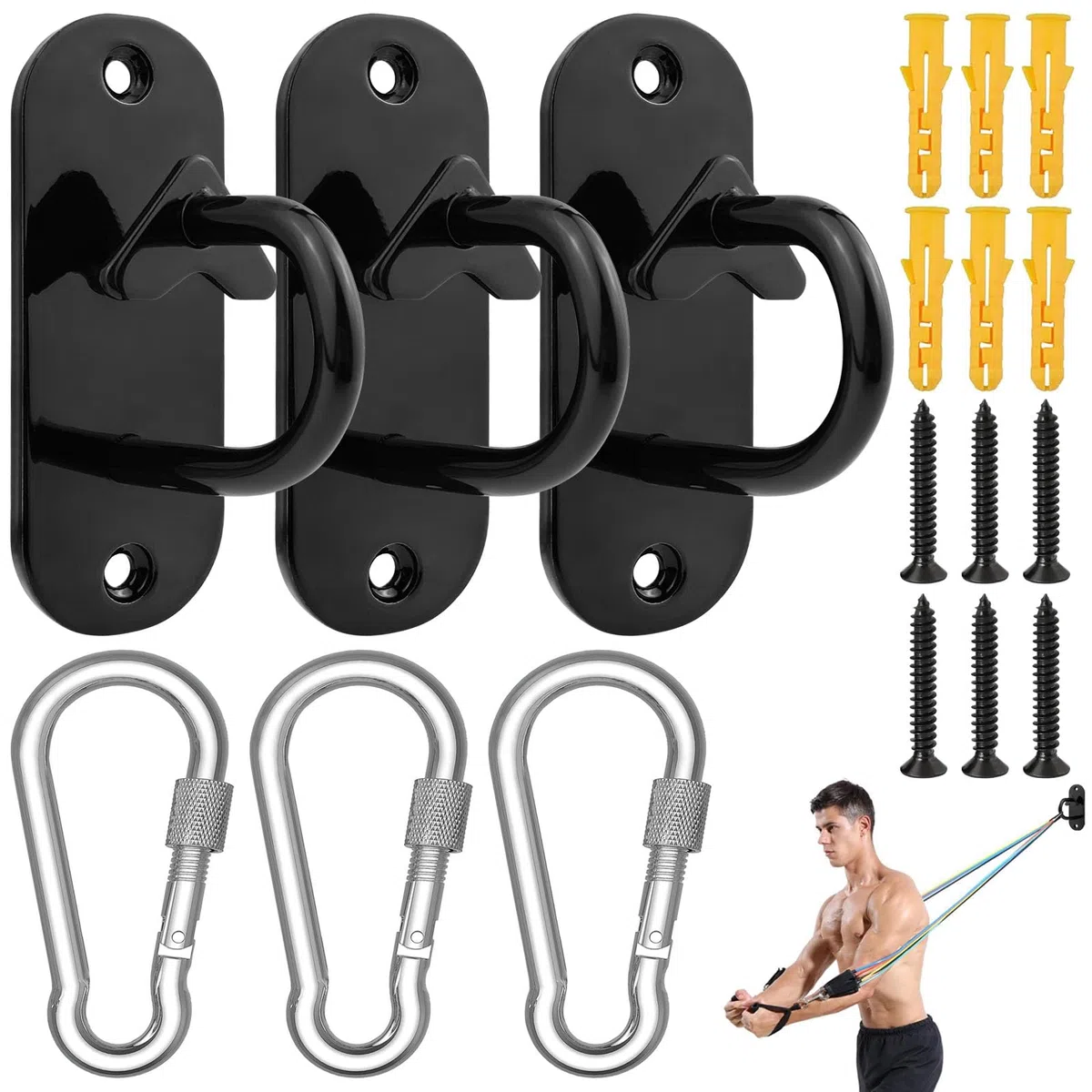 3 pcs Ancrages Muraux pour Bande de Résistance, Noir Suspension D'ancrage Pour la Musculation, le Fitness, le sac de Frappe, les Balançoires avec 3 Mousquetons à Vis