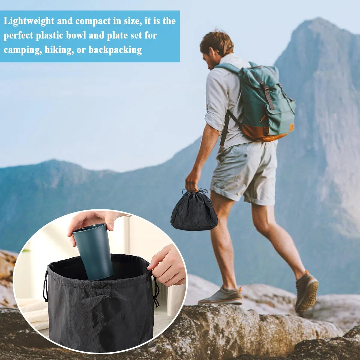 Ustensiles de Camping pour 2 avec Bol, Assiette, Tasse, cuillère, Fourchette, Couteau et Sac de Transport, Accessoires de Camping en Plastique Équipement Essentiel pour Voyage, Pique-