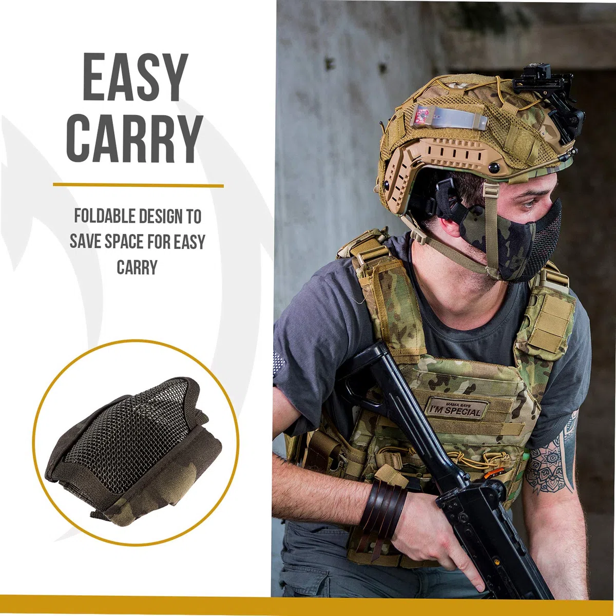 OneTigris Demi-Masque de Protection du Visage Pliable en Maille pour Airsoft Paintball CS L/S