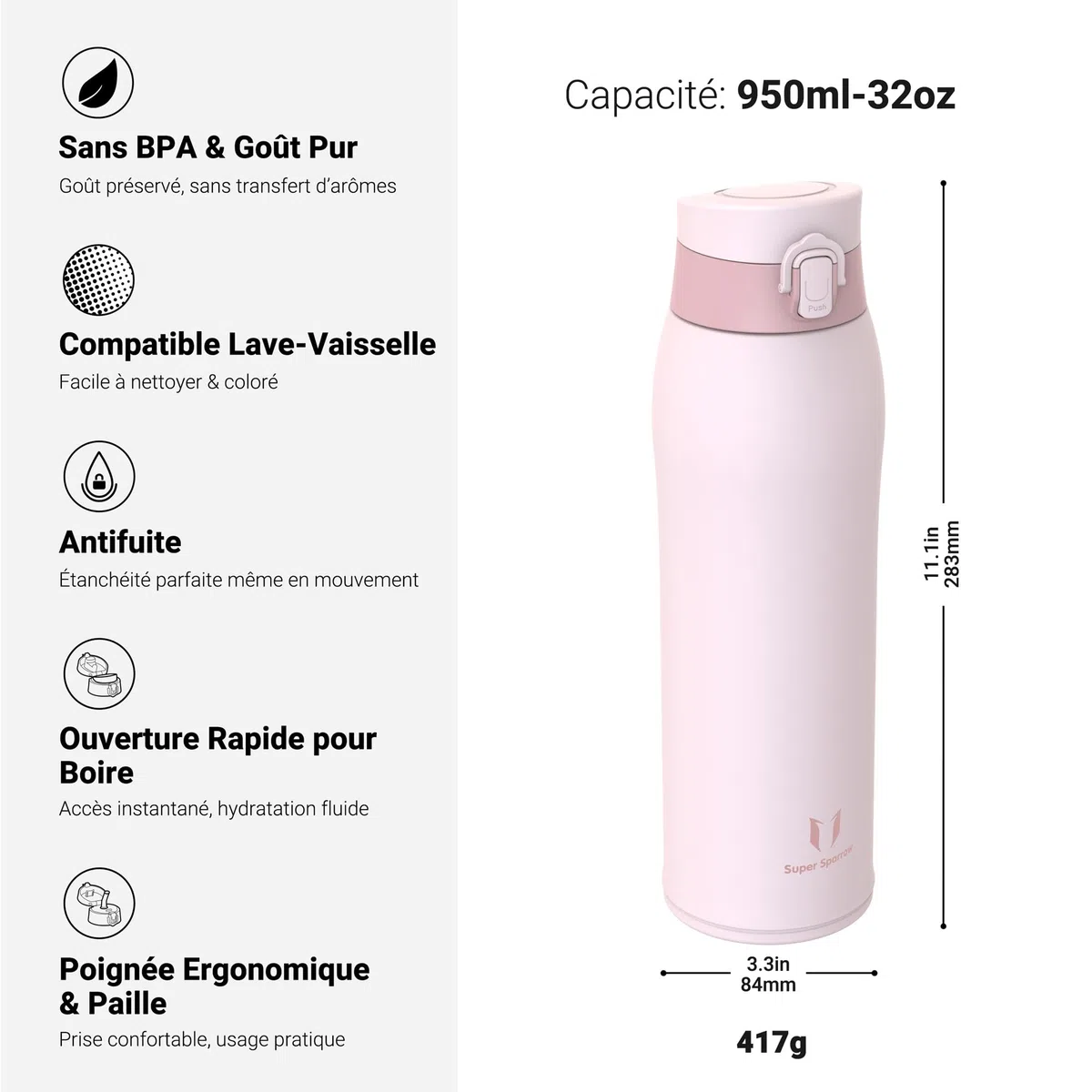 Super Sparrow Gourde Isotherme - INOX Bouteille Isotherme - 950ml - Mug Isotherme Étanche - Gourde Enfant sans BPA - Comprend 2 Couvercles avec Paille et Couvercle Sport