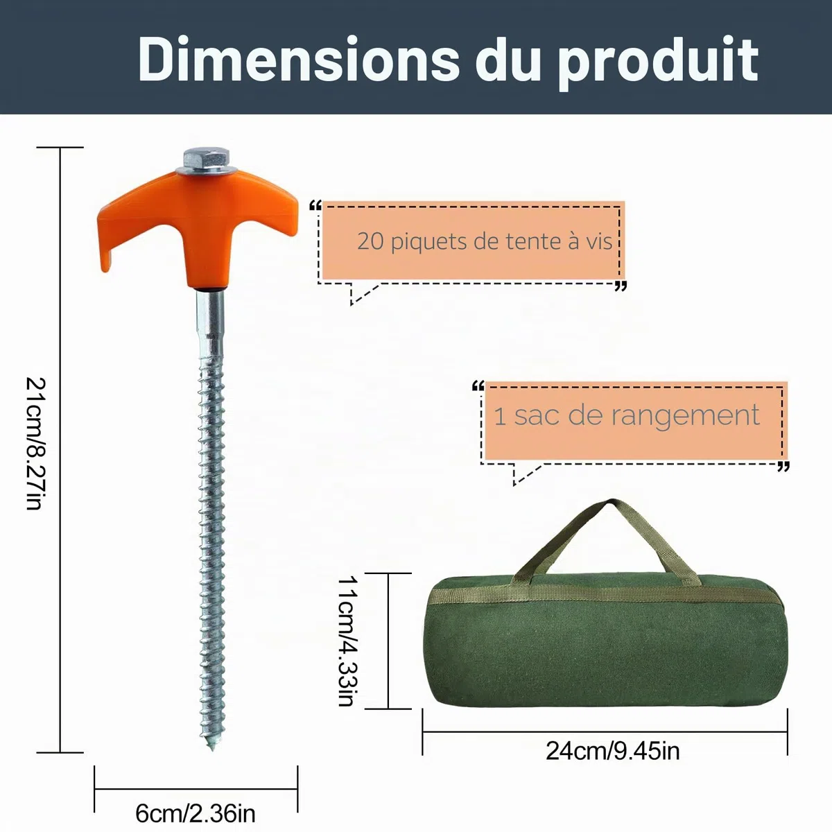 Lot de 20 sardines à visser en acier pour tente de camping - Piquets solides - Avec extracteur de clous et sac pour sol dur, forêt, prairie, rochers