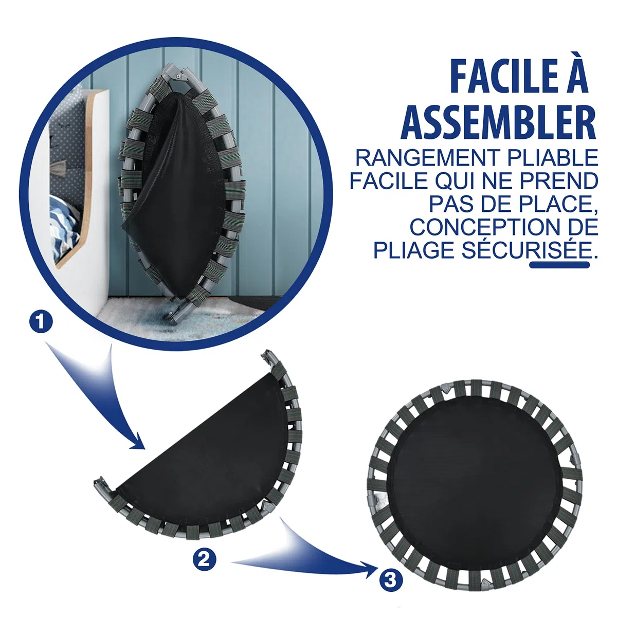 COSTWAY Trampoline de Fitnesse Enfants Pliable 92 cm, avec Housse de Sécurité Matelassée et Poignée Recouverte pour Intérieur Charge maximale 150 KG, Bleu